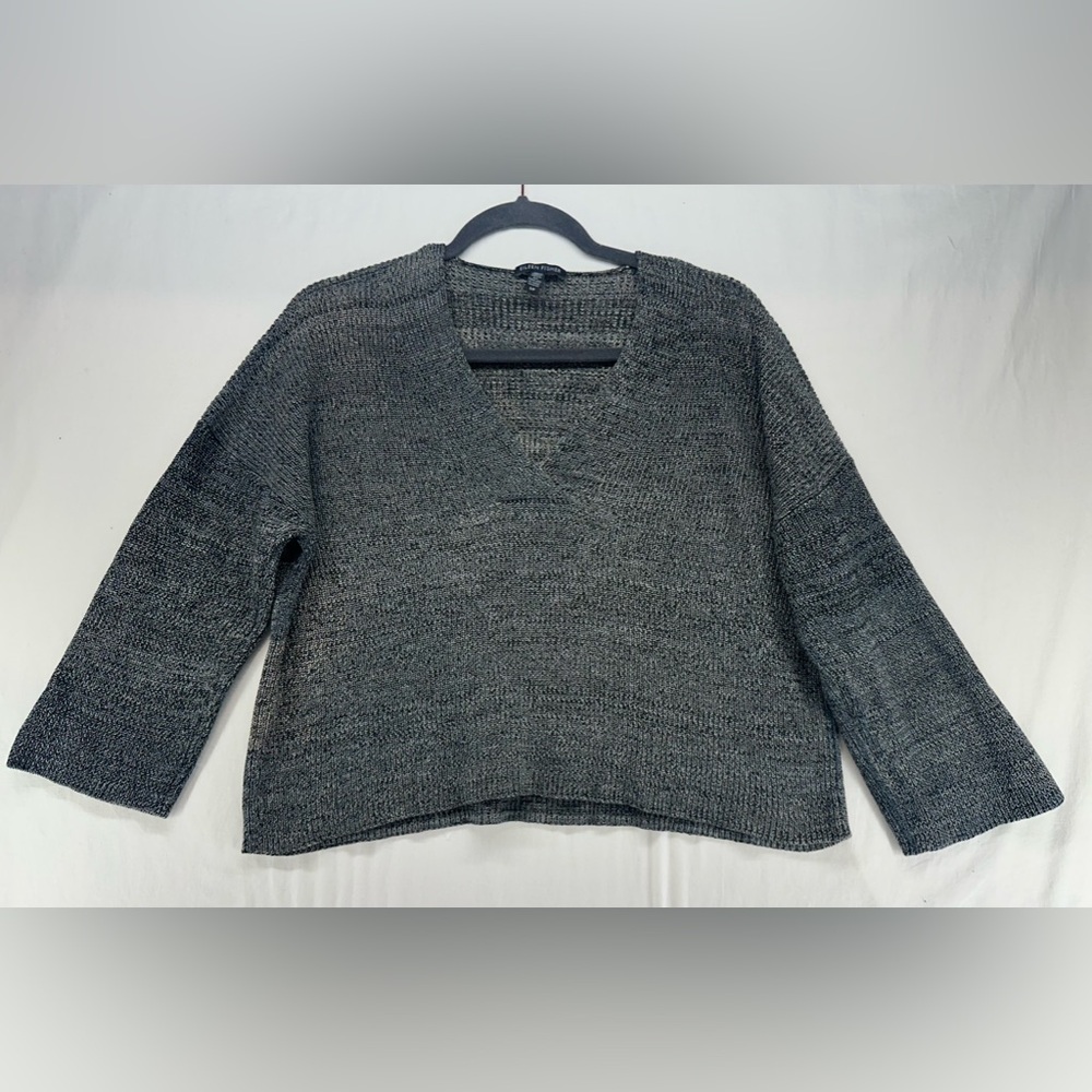 Eileen Fisher Black Brown Marbled Tencel Long Sleeves V Neck Sweater Size S